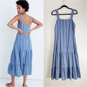 Madewell Sleeveless Embroidered Button Back Blue and White Midi Dress Size 8